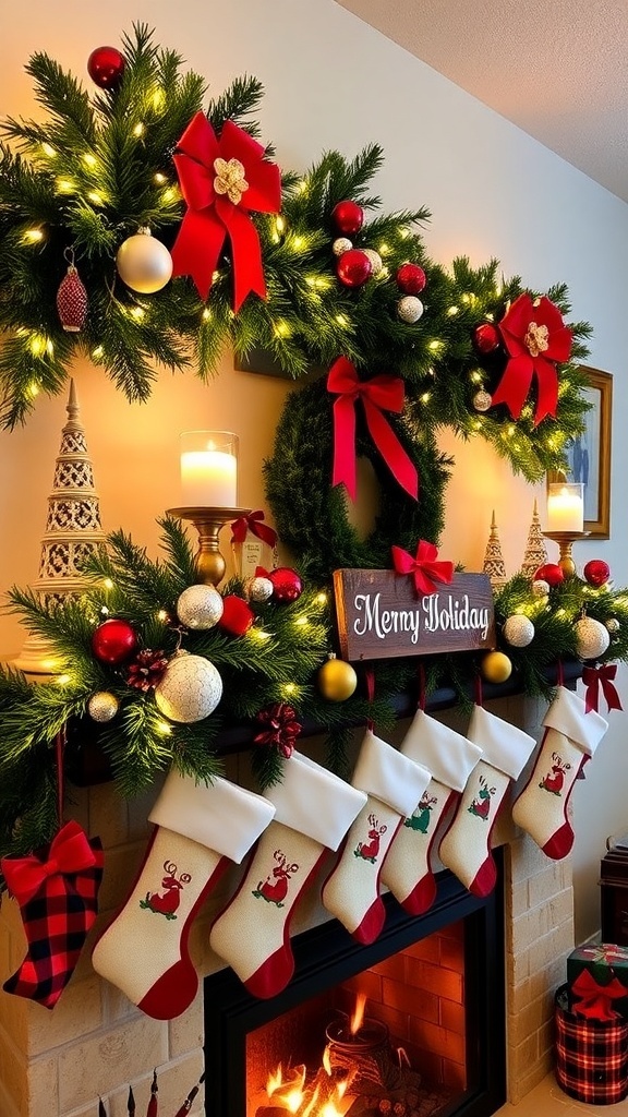 Festive Christmas Decor Ideas for Fireplace Mantels A festive Christmas fireplace mantel decorated with garland, candles, ornaments, and stockings.